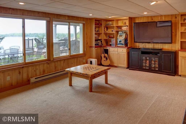 802 Flos Ct, Lincoln Twp, WI 54001 - living room featuring a baseboard radiator, wood walls, light carpet, and built in features