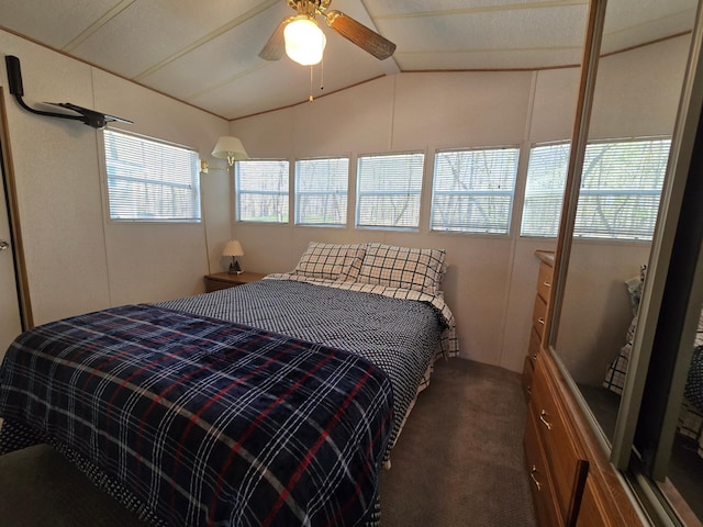 2481 Lake Miltona Dr NE Unit 1, Miltona Twp, MN 56354 - bedroom with carpet flooring, lofted ceiling, and ceiling fan