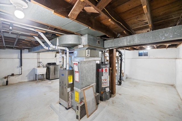 unfinished basement with gas water heater, heating unit, and a sink