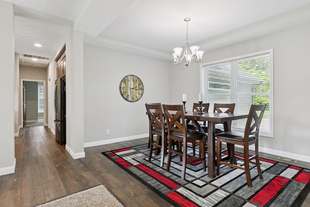 21212 Old Lake George Blvd NW, Oak Grove, MN 55303 - dining space featuring baseboards, dark wood finished floors, a chandelier, recessed lighting, and a tray ceiling