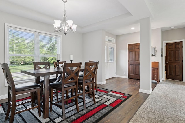 21212 Old Lake George Blvd NW, Oak Grove, MN 55303 - dining area with hardwood / wood-style flooring, a chandelier, baseboards, and recessed lighting