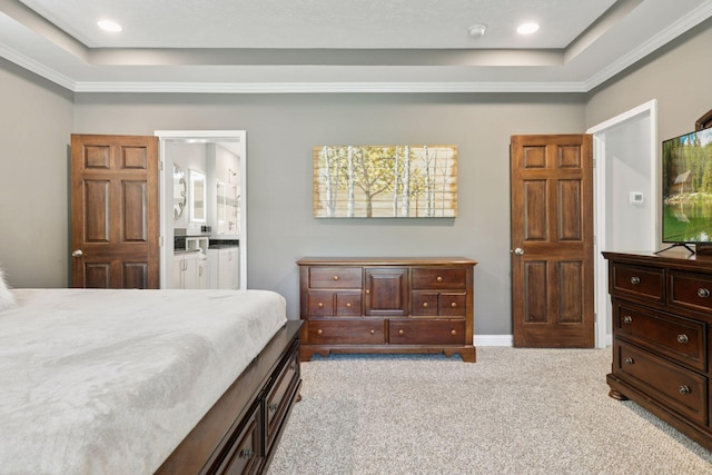 21212 Old Lake George Blvd NW, Oak Grove, MN 55303 - carpeted bedroom featuring a raised ceiling, crown molding, connected bathroom, and recessed lighting