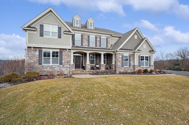 16302 Sohm Ct, Eden Prairie, MN 55347 - craftsman inspired home with stone siding, a porch, and a front lawn