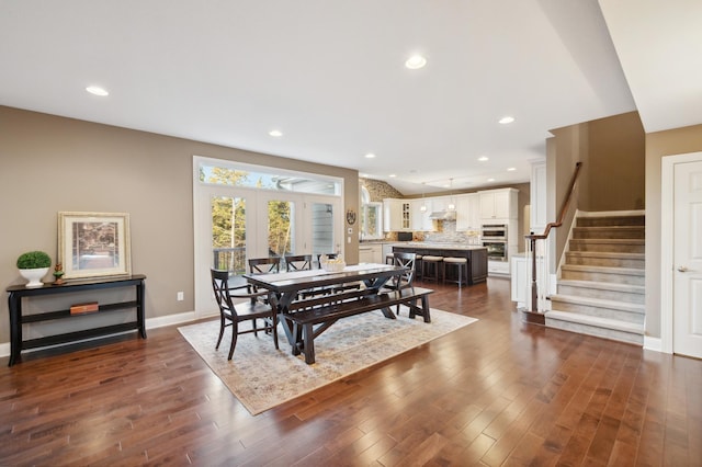 16302 Sohm Ct, Eden Prairie, MN 55347 - dining room featuring baseboards, stairway, recessed lighting, and dark wood-type flooring