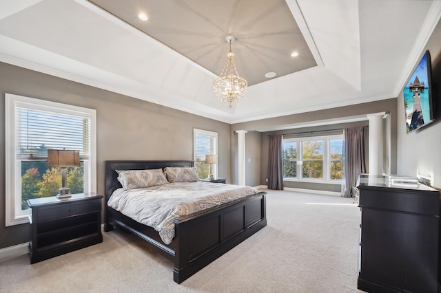 16302 Sohm Ct, Eden Prairie, MN 55347 - bedroom featuring a chandelier, light carpet, a raised ceiling, and decorative columns