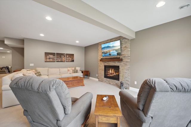 16302 Sohm Ct, Eden Prairie, MN 55347 - living area with visible vents, recessed lighting, a fireplace, light carpet, and baseboards