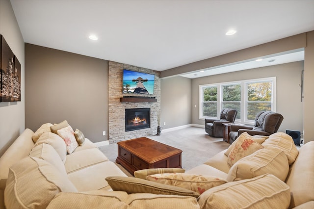 16302 Sohm Ct, Eden Prairie, MN 55347 - living area featuring carpet, baseboards, a stone fireplace, and recessed lighting