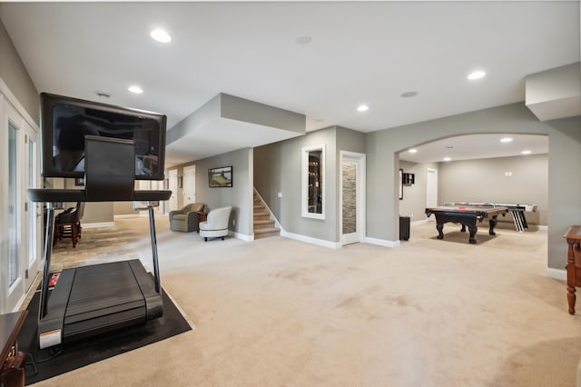 16302 Sohm Ct, Eden Prairie, MN 55347 - workout room featuring baseboards, billiards, carpet, and arched walkways