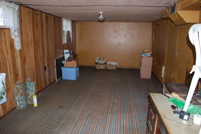 finished below grade area featuring carpet and wood walls