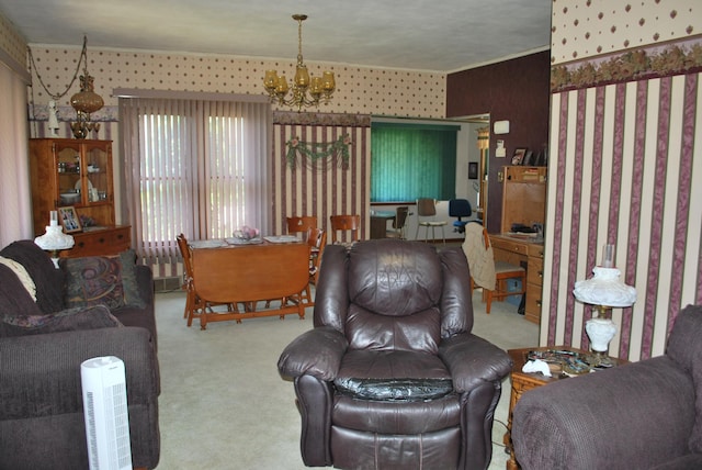 carpeted living room with a chandelier and wallpapered walls