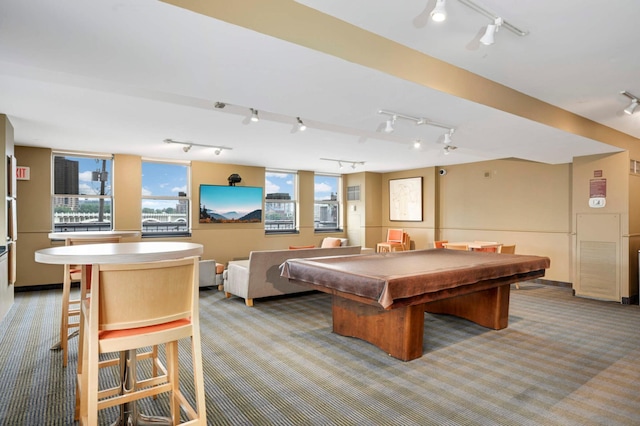 401 1st St Unit 1321, Minneapolis, MN 55401 - recreation room featuring rail lighting, light carpet, and pool table