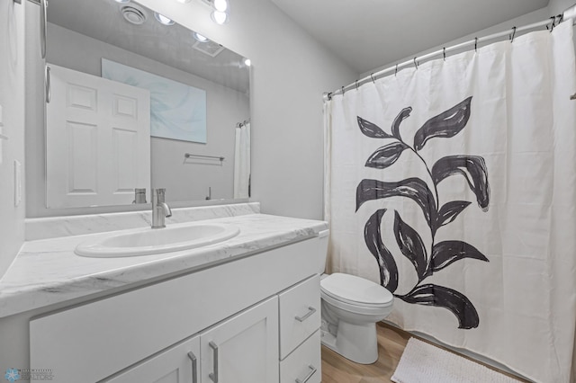 full bath featuring wood finished floors, vanity, and toilet