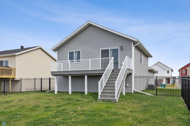 rear view of property featuring stairs, a deck, and central AC unit