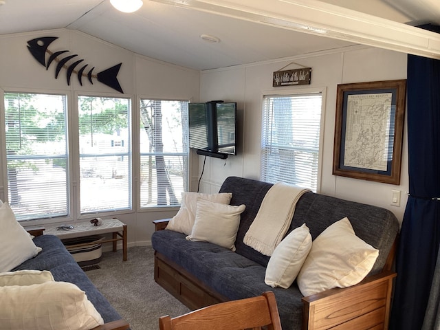 living area featuring carpet flooring, healthy amount of natural light, and vaulted ceiling