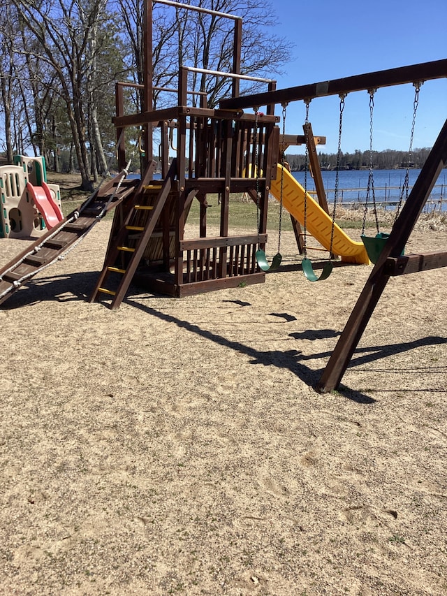community jungle gym with a water view