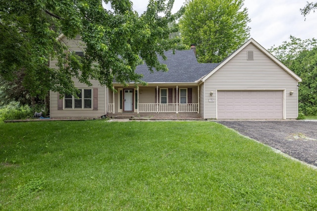 1900 Vernon Dr S, Minnetonka, MN 55305 - view of front of home featuring a porch, a garage, asphalt driveway, a front yard, and a chimney