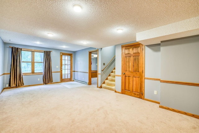 1900 Vernon Dr S, Minnetonka, MN 55305 - basement featuring baseboard heating, carpet flooring, baseboards, a textured ceiling, and stairway