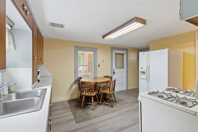100 2nd St S, Delano, MN 55328 - kitchen featuring white appliances, a sink, a textured ceiling, light wood-style floors, and baseboards