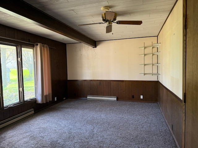 314 Burr Oak Dr, Albert Lea, MN 56007 - spare room featuring wooden walls, carpet flooring, a ceiling fan, a baseboard radiator, and baseboard heating