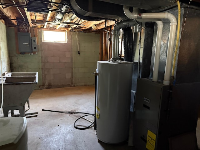 314 Burr Oak Dr, Albert Lea, MN 56007 - basement with water heater, electric panel, heating unit, and a sink