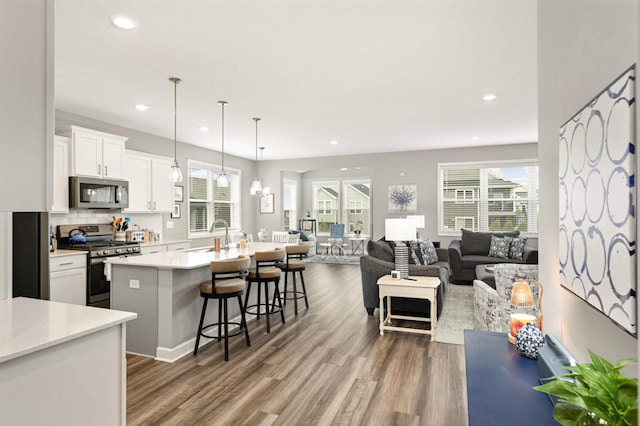20109 Geneva Trl, Lakeville, MN 55044 - kitchen featuring appliances with stainless steel finishes, a sink, wood finished floors, white cabinets, and a kitchen bar