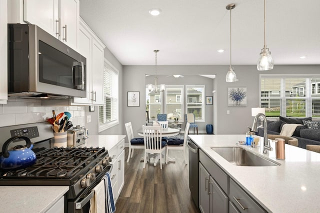 20109 Geneva Trl, Lakeville, MN 55044 - kitchen featuring stainless steel appliances, a sink, dark wood-type flooring, decorative backsplash, and open floor plan