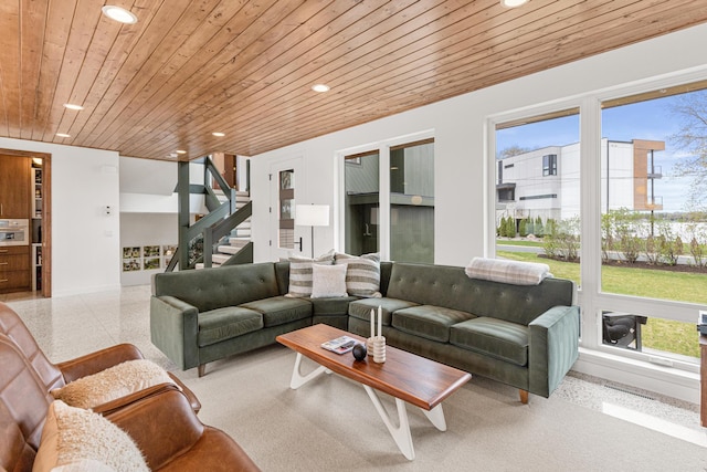 4919 Three Points Blvd, Mound, MN 55364 - living area with wooden ceiling, recessed lighting, stairs, and baseboards