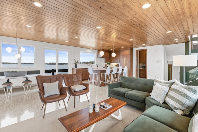 4919 Three Points Blvd, Mound, MN 55364 - living area featuring wooden ceiling, a water view, and recessed lighting