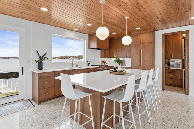 4919 Three Points Blvd, Mound, MN 55364 - kitchen with a sink, brown cabinetry, wood ceiling, and light speckled floor