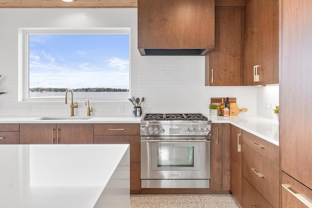 4919 Three Points Blvd, Mound, MN 55364 - kitchen featuring high end range, a sink, dark speckled floor, and tasteful backsplash