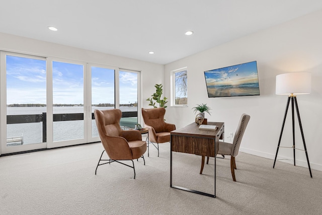 4919 Three Points Blvd, Mound, MN 55364 - sitting room with carpet floors, recessed lighting, baseboards, an office area, and a water view