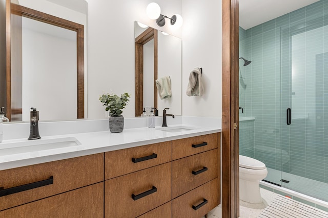 4919 Three Points Blvd, Mound, MN 55364 - bathroom featuring a sink, double vanity, toilet, and a stall shower