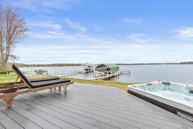 4919 Three Points Blvd, Mound, MN 55364 - dock featuring boat lift, a water view, and a hot tub