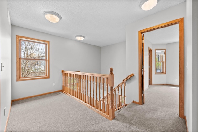 hallway with carpet, baseboards, plenty of natural light, and an upstairs landing