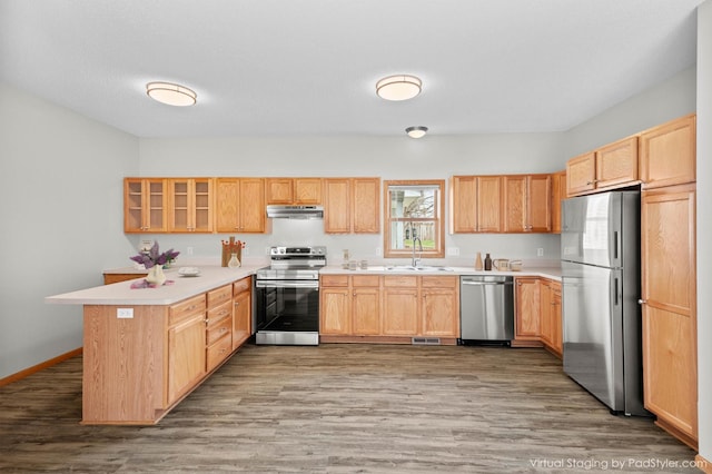 3014 39th St, Minneapolis, MN 55406 - kitchen with stainless steel appliances, a peninsula, a sink, under cabinet range hood, and wood finished floors
