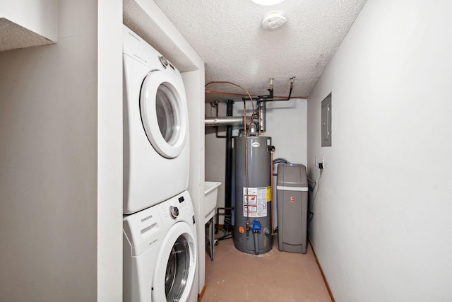3664 Abbey Way Unit C, Eagan, MN 55123 - clothes washing area with stacked washer / dryer, water heater, a textured ceiling, and electric panel