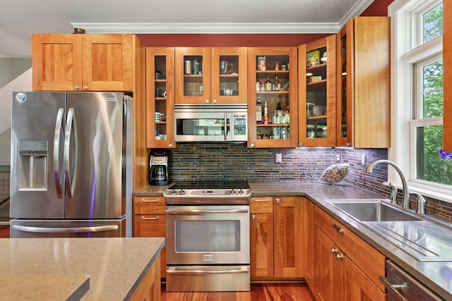 16710 Edgewood Ave, Wayzata, MN 55391 - kitchen featuring appliances with stainless steel finishes, tasteful backsplash, glass insert cabinets, crown molding, and a textured ceiling