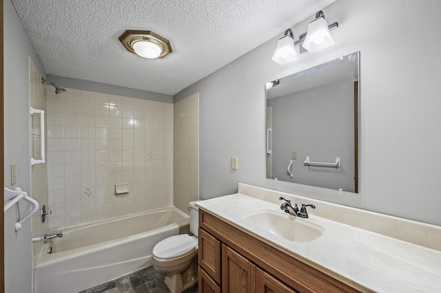 full bath with toilet, shower / bathtub combination, vanity, and a textured ceiling