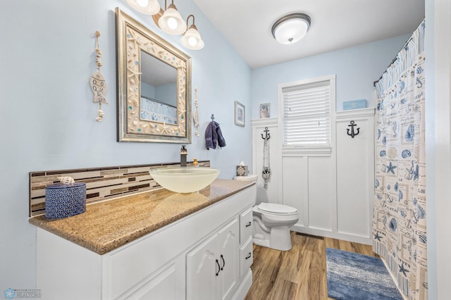 15344 Blackhawk Rd, Lake Eunice Twp, MN 56511 - bathroom with wood finished floors, toilet, backsplash, and vanity