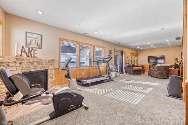 15344 Blackhawk Rd, Lake Eunice Twp, MN 56511 - exercise room with carpet floors, a stone fireplace, a wainscoted wall, recessed lighting, and wooden walls