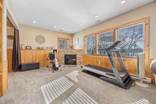 15344 Blackhawk Rd, Lake Eunice Twp, MN 56511 - exercise area featuring wainscoting, carpet floors, recessed lighting, a fireplace, and wood walls