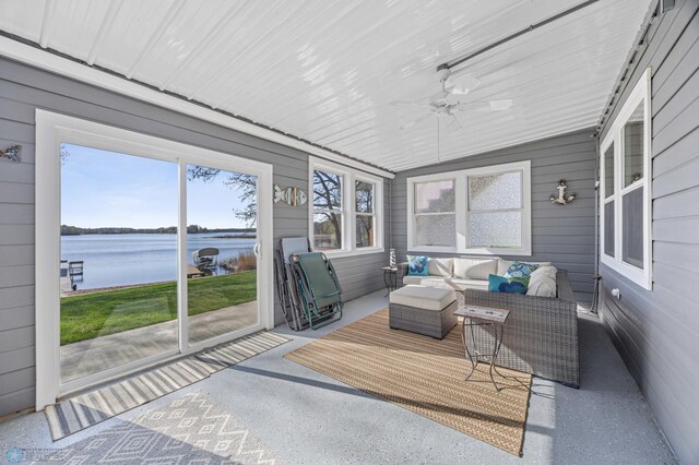 15344 Blackhawk Rd, Lake Eunice Twp, MN 56511 - sunroom with a water view, outdoor lounge area, a ceiling fan, healthy amount of natural light, and vaulted ceiling