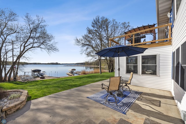 15344 Blackhawk Rd, Lake Eunice Twp, MN 56511 - view of patio with a water view, a dock, a balcony, and boat lift