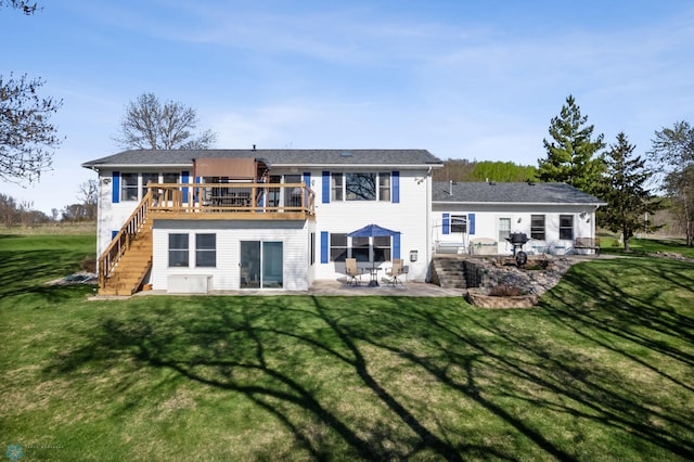 15344 Blackhawk Rd, Lake Eunice Twp, MN 56511 - rear view of house with a patio, stairway, a yard, and a deck