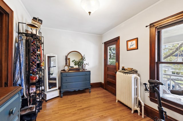 interior space with crown molding, light wood-style floors, baseboards, and radiator heating unit