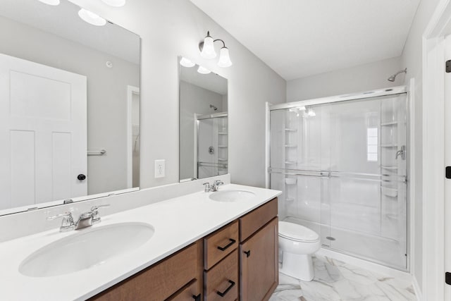 6742 Wildflower Way, Minnetrista, MN 55331 - bathroom with marble look tile flooring, a shower stall, and double vanity