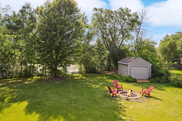 6913 Sumac Ct, Centerville, MN 55038 - view of green lawn featuring an outdoor fire pit, an outdoor structure, and a detached garage