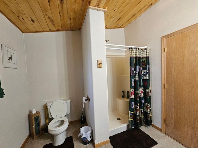 19319 Elsie Way NW, Bemidji, MN 56601 - bathroom with toilet, a stall shower, tile patterned flooring, wood ceiling, and baseboards
