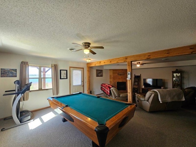 19319 Elsie Way NW, Bemidji, MN 56601 - recreation room with a textured ceiling, billiards, ceiling fan, and carpet floors