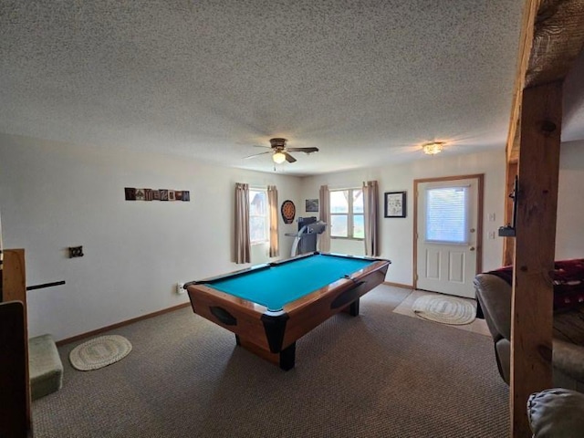 19319 Elsie Way NW, Bemidji, MN 56601 - recreation room with light carpet, a textured ceiling, baseboards, ceiling fan, and billiards